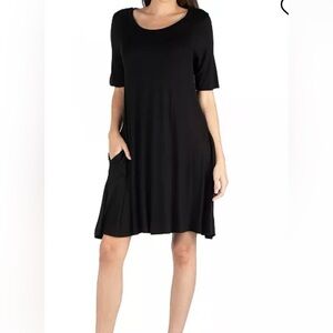 24Seven Soft Flare Tshirt Black A-Line Dress with Pockets Size Large BNWT